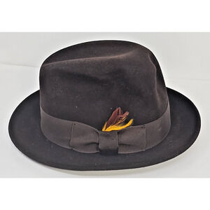 Vintage Godfather Dyna Felt Fedora Brown Hat W/ Feathers 7 1/8" Bee Hats U151